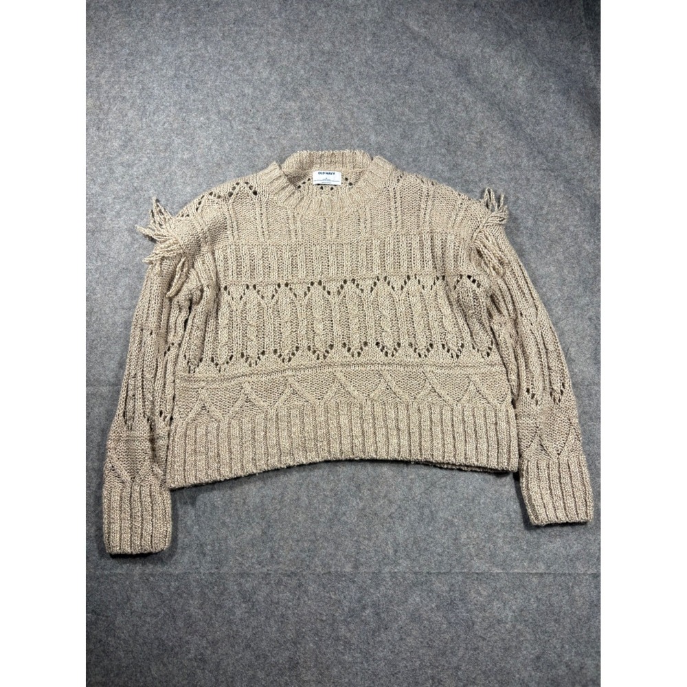Old Navy Tan Knit Fringe Cable Knit Sweater Womens Size Medium